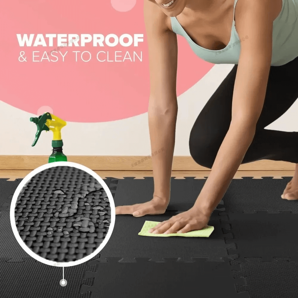 Woman cleaning EVA Foam Interlocking Floor Mats for Home Flooring - SF3480, showcasing waterproof and easy-to-clean features.